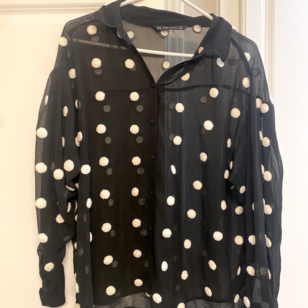 Zara Black & White 3D Polka Dot Textured Semi Sheer Button Up Shirt Blouse